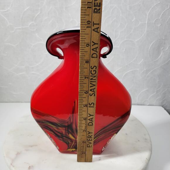 Vintage Hand Blown Art Glass Vase 10"‎ Red Abstract Swirl Flared Rim - Picture 12 of 13